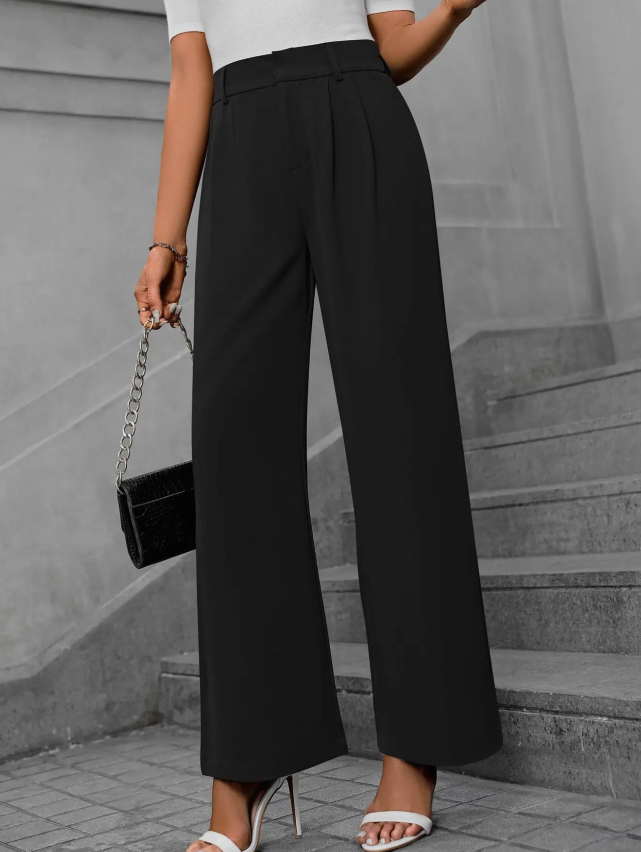 Wide Leg Straight Leg Suit Pants: Black