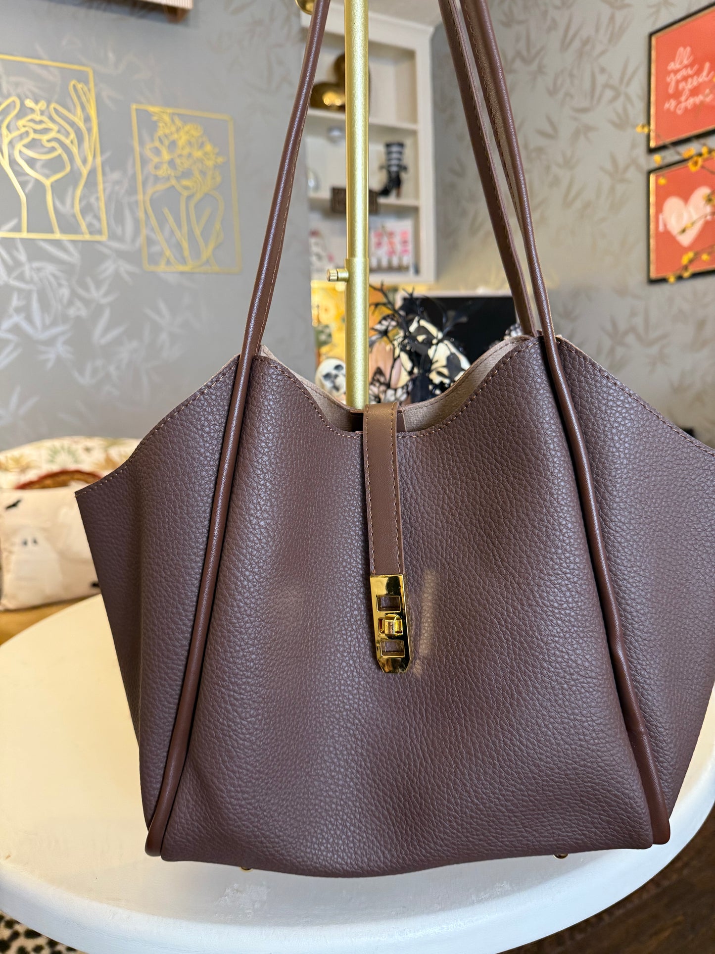 Golden Lock Tote-Brown