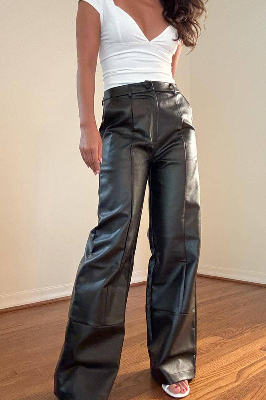 Faux Leather Wide Leg Pants: Black